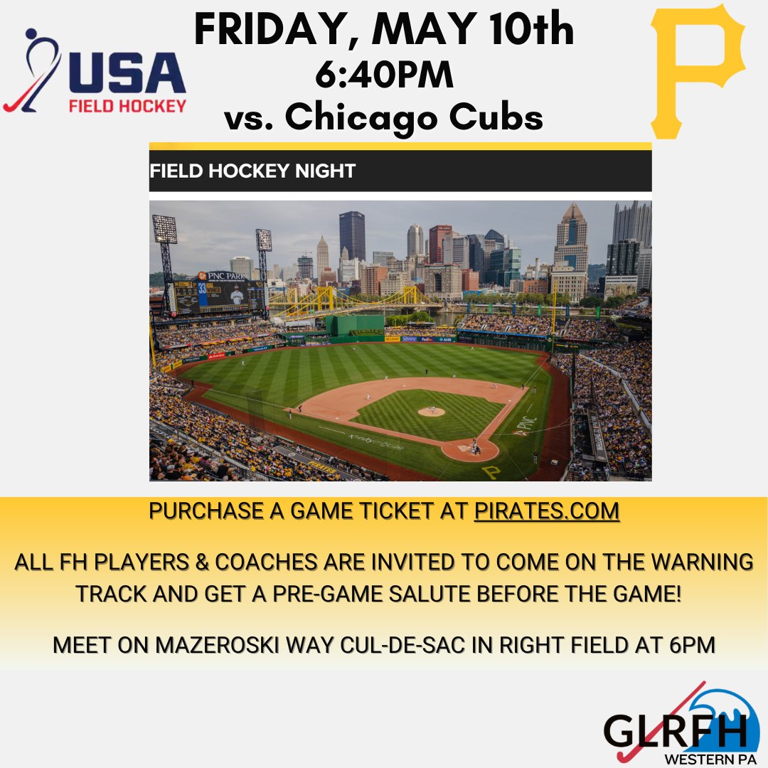 TOMORROW NIGHT!! Get your tickets!! Come out and celebrate field hockey with the @pittsburghpirates! Get your group tickets: mlb.com/pirates/ticket… @usafieldhockey @pittsburghvenom #glrfh #glrfh_wpa #growthegame #fieldhockey #takemeouttotheballgame