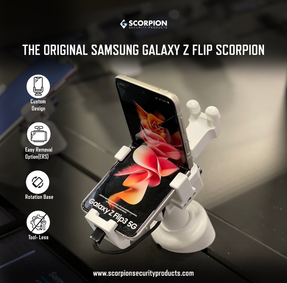 ScorpionSecure's tweet photo. Does the chaos of new launch days scare you? Fear not! Introducing the Original Samsung Galaxy Z Flip Scorpion. Safeguard your Samsung Galaxy Z Flip phone in under 1 minute with our proven anti-theft technology. Request a quote today! https://t.co/JeA6KAtlnG 
#zflip #samsung https://t.co/lqBZXAjATh