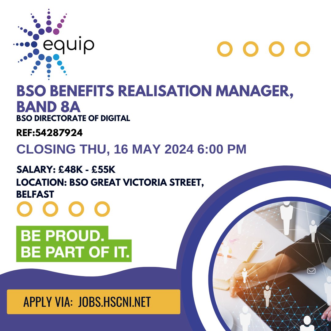@BSO_NI Benefits Realisation Manager, Band 8a Location: BSO Great Victoria Street, Belfast Salary: £48k - £55k Closing Date: Thu, 16 May 2024 @ 6:00 PM For more information and to apply: jobs.hscni.net/Job/34737/bsob… #BSO #hscjobs #hscni #equip #programme #manager #Belfast #NIjobs