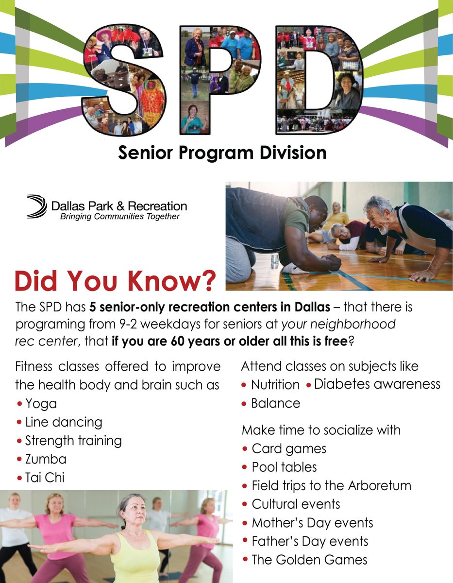 Calling all seniors! It's time to get involved at you local recreation center! Did you know #DallasParks has senior specific programming design to meet your needs? Check out what we offer at a recreation center near you!