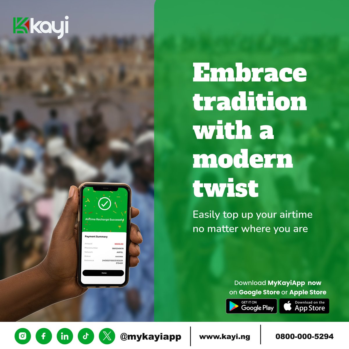 Embrace tradition with a modern twist! With Kayiapp's airtime top-up feature, you can effortlessly recharge your phone anytime, anywhere. Experience the convenience of staying connected while honoring your roots.

#MyKayiapp 
#AirtimeTopUp 
#ModernConvenience
#DigitalBanking