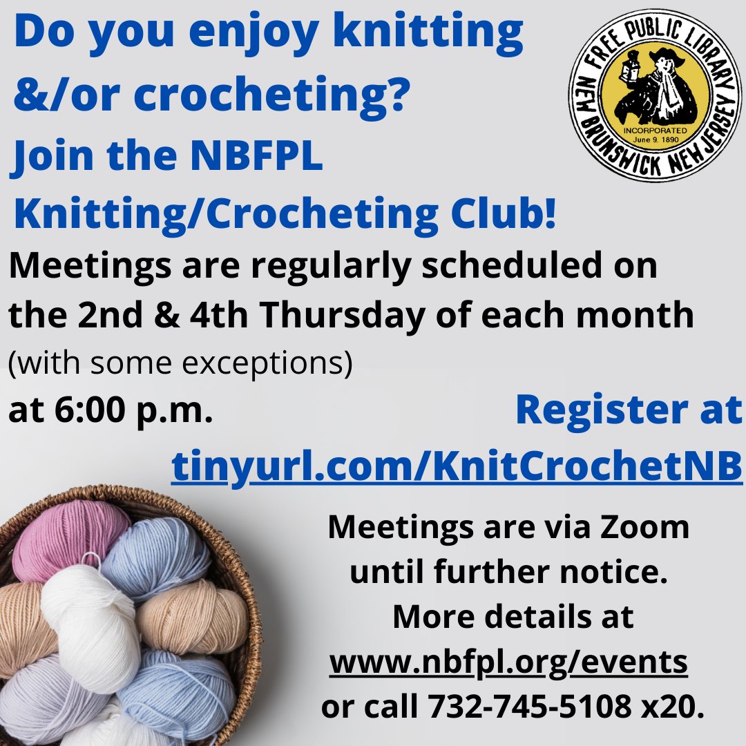 The #NBFPL virtual Knitting/Crocheting Club meets TONIGHT at 6:00. New members are welcome! Register in advance at tinyurl.com/KnitCrochetNB to get the Zoom link. More details at nbfpl.org/events.
#Knit #Knitting #Crochet #Crocheting #NJlibraries #LibraryProgram