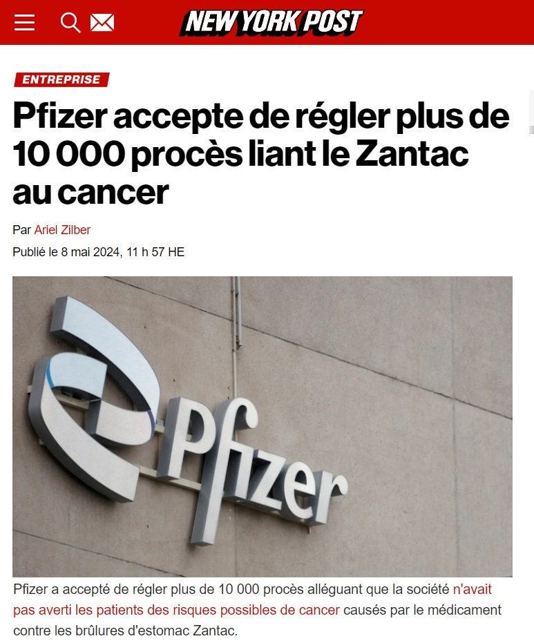 Parce que l'entreprise pharmaceutique n'avait pas averti des risques de CANCER possible par le médicament Zantac, PFIZER accepte de régler plus de 10 000 procès. tinyurl.com/2ef995xd ▶️ Zantac avait été considéré comme sûr et efficace. 👀🥴