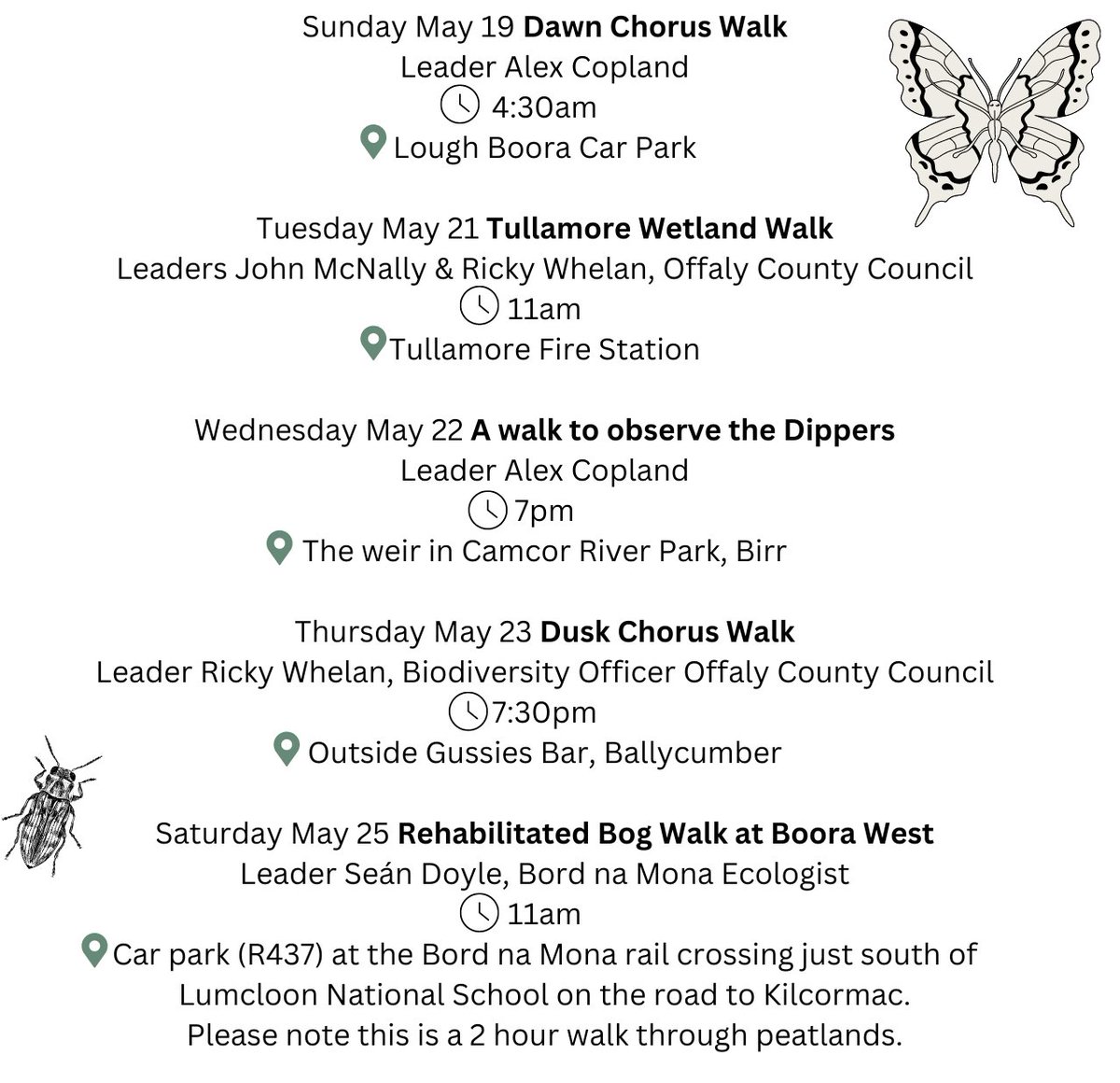 What’s happening in Offaly for Biodiversity Week?
Friday 17th of May to Sunday 26th May
Come join our free events happening all over Offaly!
For more events like these in Offaly check out biodiversityweek.ie/events-calenda…
@offalycoco @HeritageHubIRE 
#biodiversityweek2024