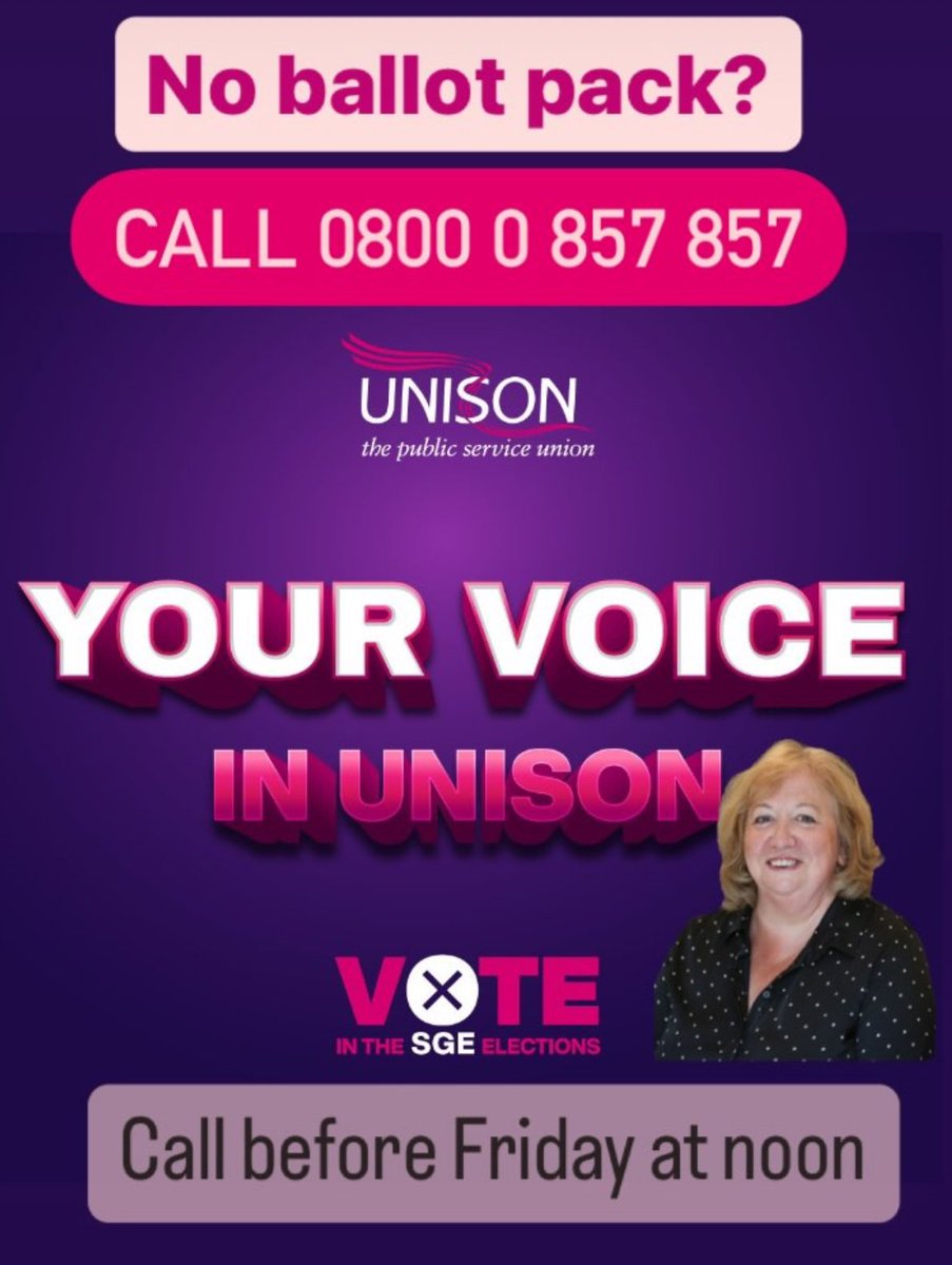 Vote in UNISON’s Service Group Elections No ballot pack? ☎️ Call 0800 0 857 857 before noon tomorrow!