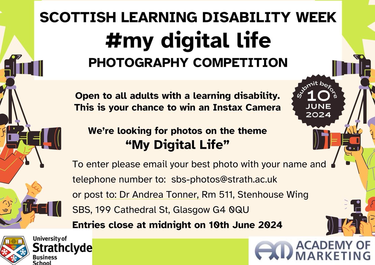As part of Scottish Learning Disability Week The University of Strathclyde Business School are running a photography competition. They are looking for photos on the theme of 'My Digital Life'. More details can be found on the flyer below 👇
