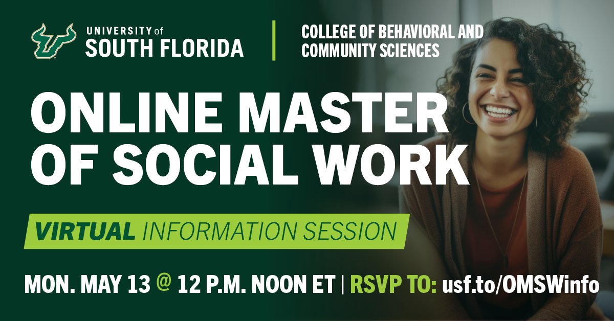 Bulls, @usfsocialwork has a new fall entry term for their Online MSW program! Attend a free info session on May 13th to: 🤘Connect with faculty and advisors 🤘Explore potential career pathways 🤘Learn more about the nationally-ranked program RSVP here ➡️ ow.ly/ZcE850RxZbX