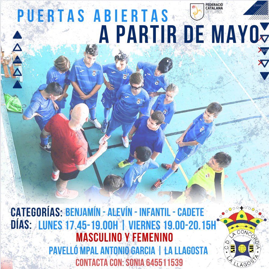 ‼️PUERTAS ABIERTAS‼️

No pierdas la oportunidad y ven a probar con esta pequeña-gran familia💪🏼 

🚨 Puertas abiertas a partir de MAYO🚨
📲 Para más información contacta con el teléfono que aparece en el cartel. 

💙AMUNT CONCORDIA💙