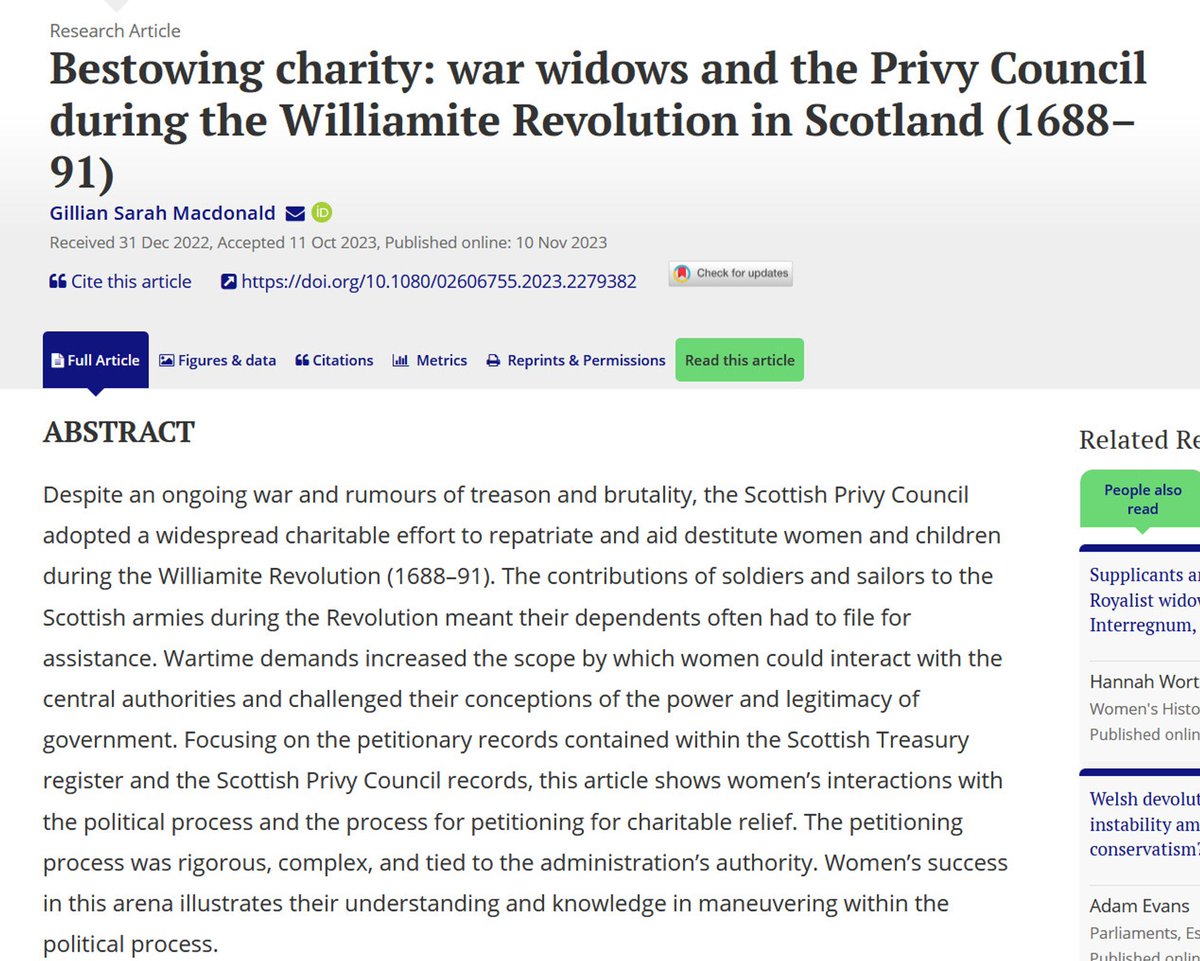 New article on petitions from war widows to the Scottish Privy Council in 1688-91, by Gillian Sarah Macdonald.

Great to have more work on the #PowerOfPetitioning about so-called 'bread-and-butter' issues in early modern Scotland: tandfonline.com/doi/full/10.10…