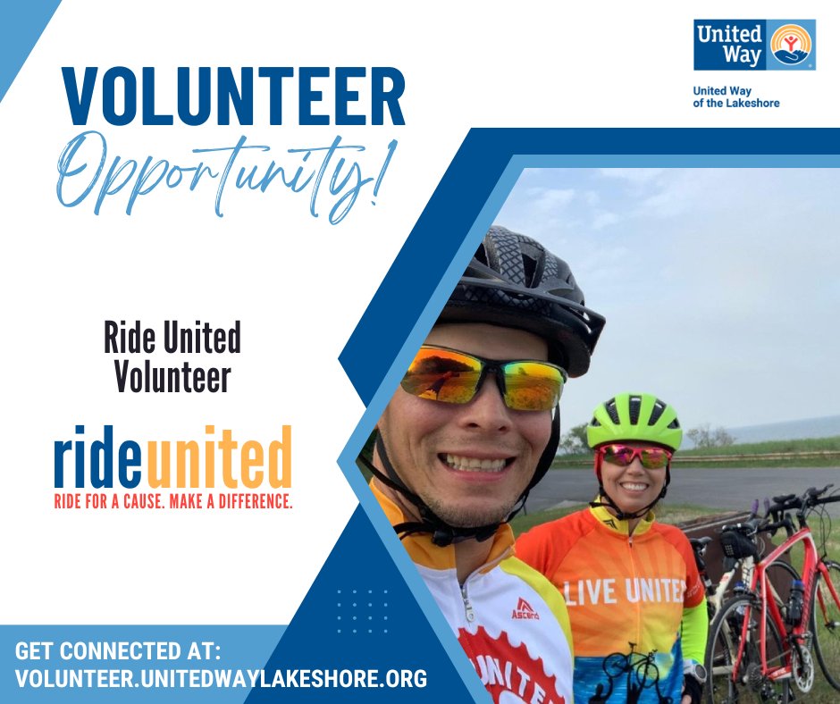 Volunteers play a crucial role in ensuring the success of Ride United, United Way of the Lakeshore's annual ride and community event along the Lakeshore. Help keep the event organized, safe, and fun for everyone on Saturday, May 18th! Sign up at ow.ly/8Lzg50Rypv4.