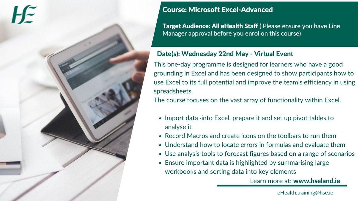 📢eHealth Staff only: Microsoft Excel- Advanced training is taking place on the 22nd May 2024. Enroll by closing date: 20th May Spaces are limited so don't miss out! #eHealth4all @Jcwemyss @HSE_HSeLanD