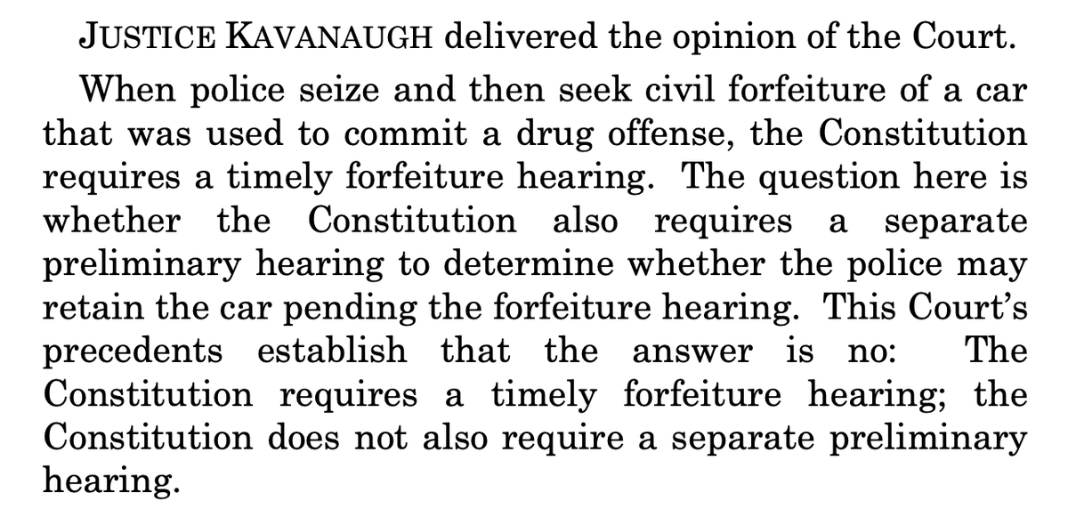 The Supreme Court's first decision of the day is Culley v. Marshall. Kavanaugh's 6–3 opinion holds that the Constitution does not require a separate preliminary hearing in civil forfeiture cases. All three liberals dissent. supremecourt.gov/opinions/23pdf…