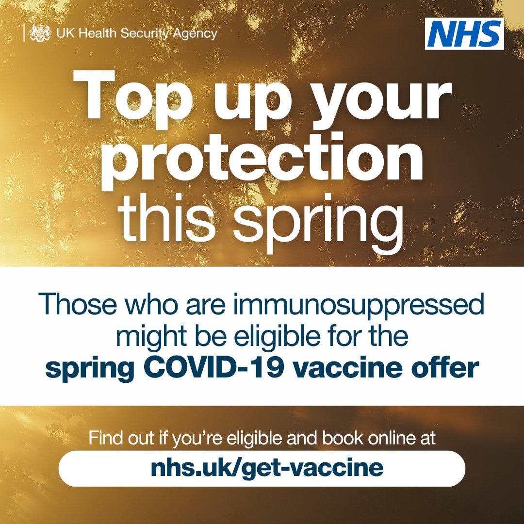 If you’re immunosuppressed you might be eligible for the spring COVID-19 vaccine! Find out if you’re eligible and book here: nhs.uk/get-vaccine