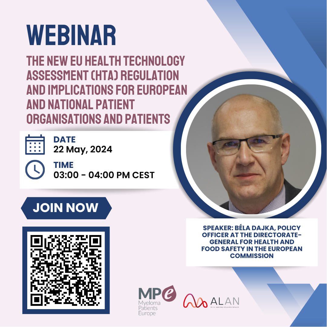 📢 Do not miss our webinar on 'New EU HTA Regulations and Implications for Patients' by MPE and @AcuteLeuk on 22 May at 15:00 CEST. Learn from Béla Dajka, Policy Officer at the European Commission. Register now here: mpeurope-org.zoom.us/webinar/regist…
