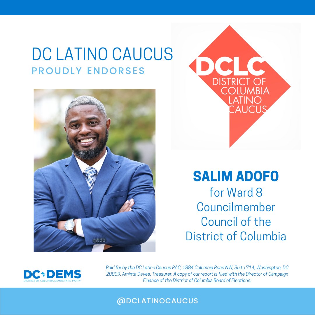 Join the DC Latino Caucus as we canvass in #Ward8 with our endorsed candidate Salim Adofo! Meet us May 12, 18 or June 1 at 2:00 PM outside Wise Guys Pizza. You will receive a brief orientation before knocking on doors. Info: mobilize.us/salimadofo/eve… #dclatinocaucus #DCDems