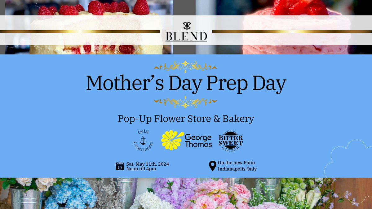 Just 48 hours until our Mother's Day Prep Day Pop-Up! 🌸🍰 Come over to Blend Bar Cigar Indianapolis for a charming mix of vibrant flowers and scrumptious treats. #blendbarcigar #bittersweet #georgethomas #geistcharcuterie #MothersDay #PopUpShop #IndyEvents