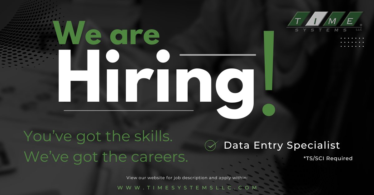 TIMESystemsLLC's tweet image. Join our team in Ft. Meade, Maryland, as an Data Entry Specialist. *(TS/SCI Required)
This position offers you the opportunity to contribute to our mission with organizational skills and attention to detail. For more information and to apply today, click the link to our website!