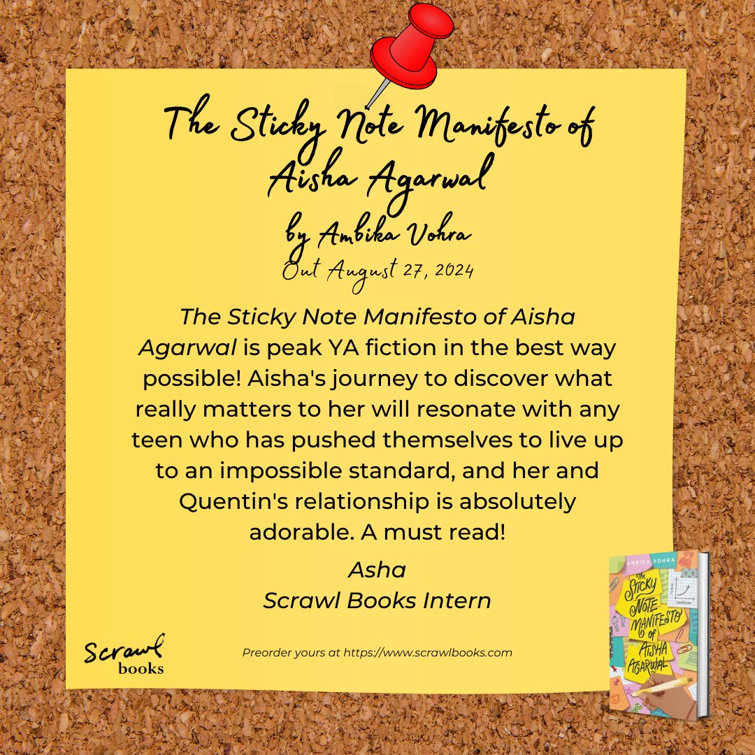 May is #AAPIMonth, and Asha wants you to preorder this book by an AAPI author! She calls The Sticky Note Manifesto of Aisha Agarwal by <a href="/ambika_vohra/">ambika vohra updates ✨</a> "peak YA fiction in the best way possible" and "a must read"!

Preorder yours: scrawlbooks.com/book/978006334…
