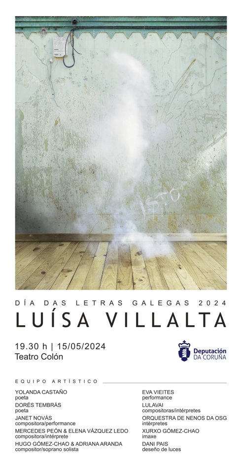 📍 O Teatro Colón A Coruña acollerá o vindeiro mércores, 📆 15 de maio, un acto conmemorativo a Luísa Villalta polo Día das Letras Galegas. ⏰ O evento dará comezo ás 19:30 horas e contará coa participación de figuras diversas das artes, o audiovisual, a música e a literatura.