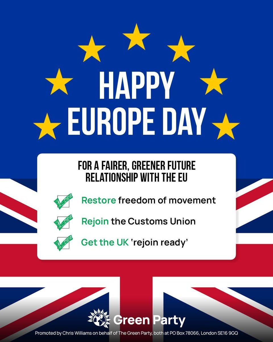 🇪🇺 Happy Europe Day! 💚 The Green Party is committed to fixing our relationship with the EU in a post-Brexit world and ensuring that the UK is 'rejoin-ready'.