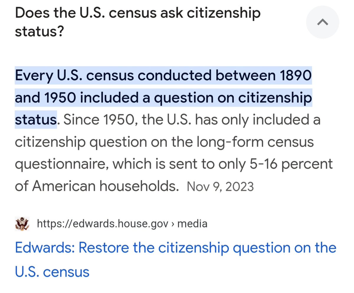 @3Sandy7_ @StephenM Ask yourself why the citizenship question was removed from the Census short form in 1950 (when Dems held majority in all branches).