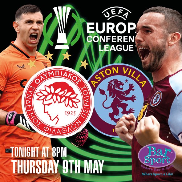 🏆TONIGHT Europa Conference League Semi-Final!🏆 🥅 𝐎𝐥𝐲𝐦𝐩𝐢𝐚𝐜𝐨𝐬 𝐯 𝐀𝐬𝐭𝐨𝐧 𝐕𝐢𝐥𝐥𝐚 🕑 Kick-off 8PM ⚽Join us for an unbeatable atmosphere at Bar Sport as Villa takes on Olympiacos in the Europa Conference League semi-final! ⚽ See you at the bar! 🍻