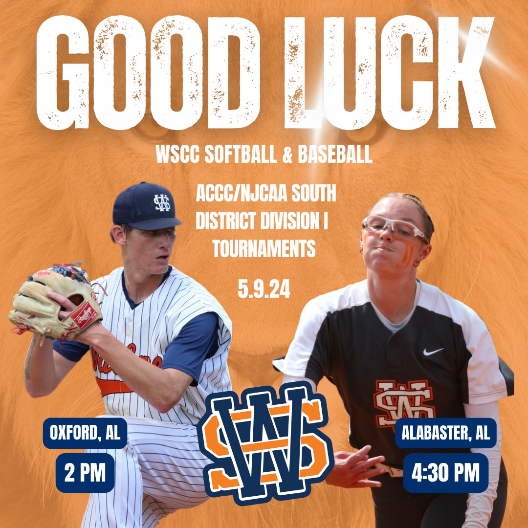 Today is the first day of ACCC/NJCAA DI Tournaments. WSCC baseball is now playing at 2 PM in Oxford and WSCC Softball now begins at 4:30 PM in Alabaster. Game live streams jockjive.com/acccsports.html. For more information acccathletics.com & check @acccathletics updates.