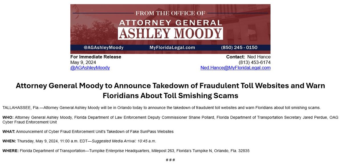 I’ll be in Orlando later this morning with @fdlepio, @MyFDOT and our Cyber Fraud Enforcement Unit to announce the takedown of fraudulent toll websites and warn Floridians about toll smishing scams.