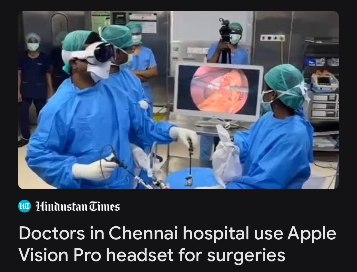 Wow. Have you seen this ? 🤯

Surgeons at GEM Hospital in Chennai, used Apple Vision Pro to perform laparoscopic surgeries. This technology allows doctors to see a magnified view of the patient's internal organs on a virtual screen, improving precision and reducing ergonomic…
