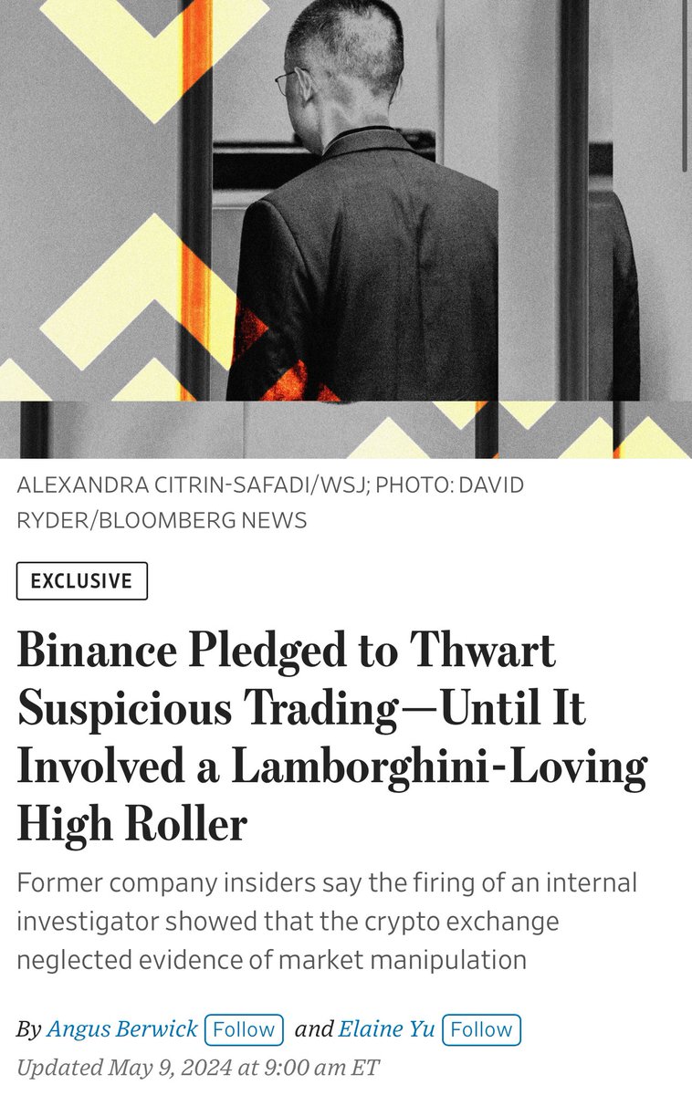 TLDR: Binance allowed DWF Labs to wash trade $300M and when Binance’s head of surveillance raised concerned they fired them. 😂
