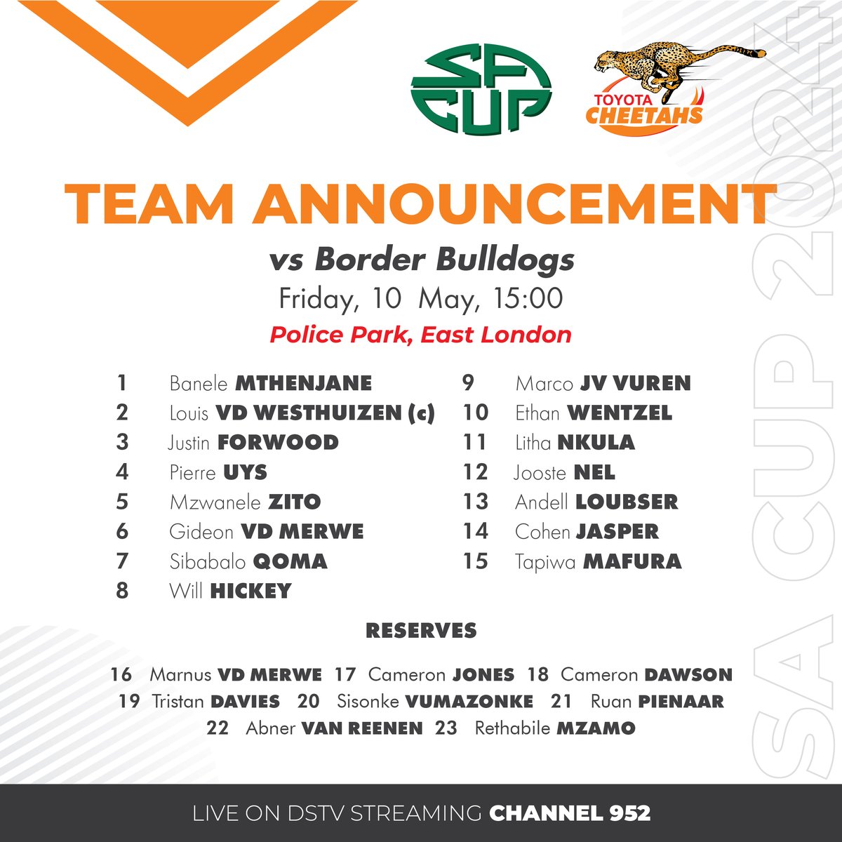 🚨Team Announcement
🏆SA Cup

🆚Border Bulldogs
📅Friday, 10 May
⏲️15:00
🏟️Police Park, East London

Live on DSTV streaming, channel 952

#LetsPlayRugby

@ToyotaSA