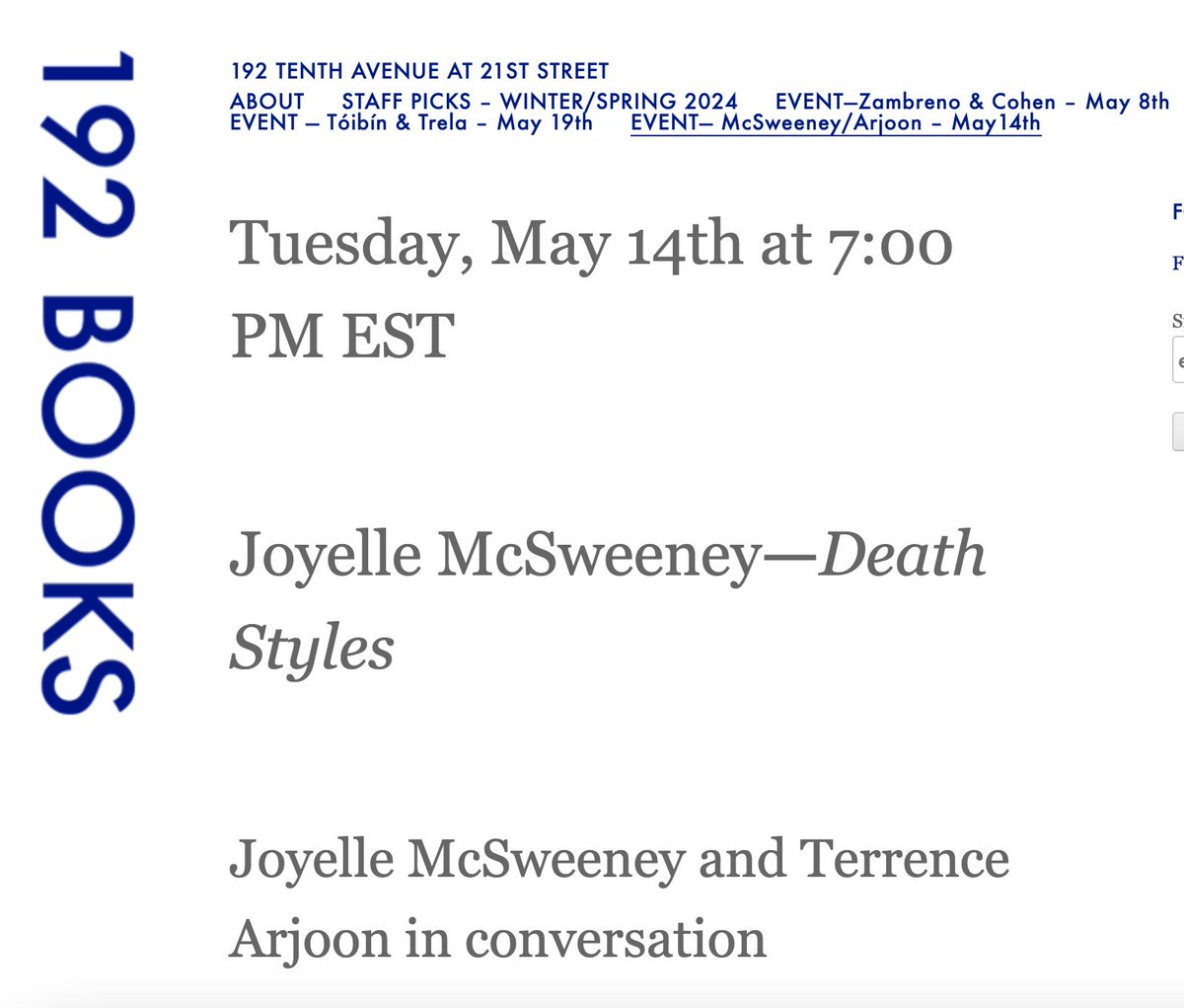 Folks, if we're all still on the planet this coming Tuesday, May 14, and you happen to be on the island of Manhattan, won't you join me in conversation with the glamorous @terrencesarjoon at @192books ? Our style, devilish, and our wit, rapier-like, as per always, O my brothers--