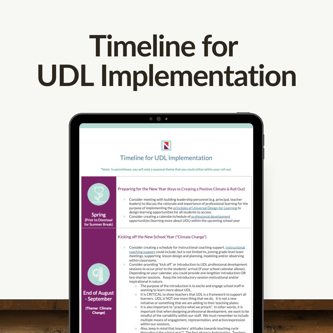 If you're in a leadership position you may be wondering what your first year of implementing #UDL may look like. @sldschultz shared this tool to help provide a timeline for rolling out UDL in the first year of implementation. Check it out: bit.ly/3JTXgRi