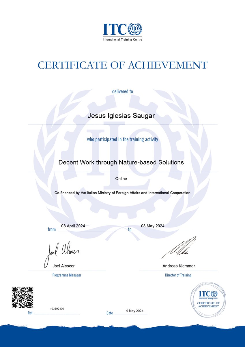 Honored to have received the #certificate of achievement on #DecentWork through #NatureBasedSolutions by @ilo, @UNEP & @IUCN , as part of the first cohort of international experts working in the field. Big congrats to @diegoportugal21 and the whole team credentials.itcilo.org/9f69b786-a8e6-…