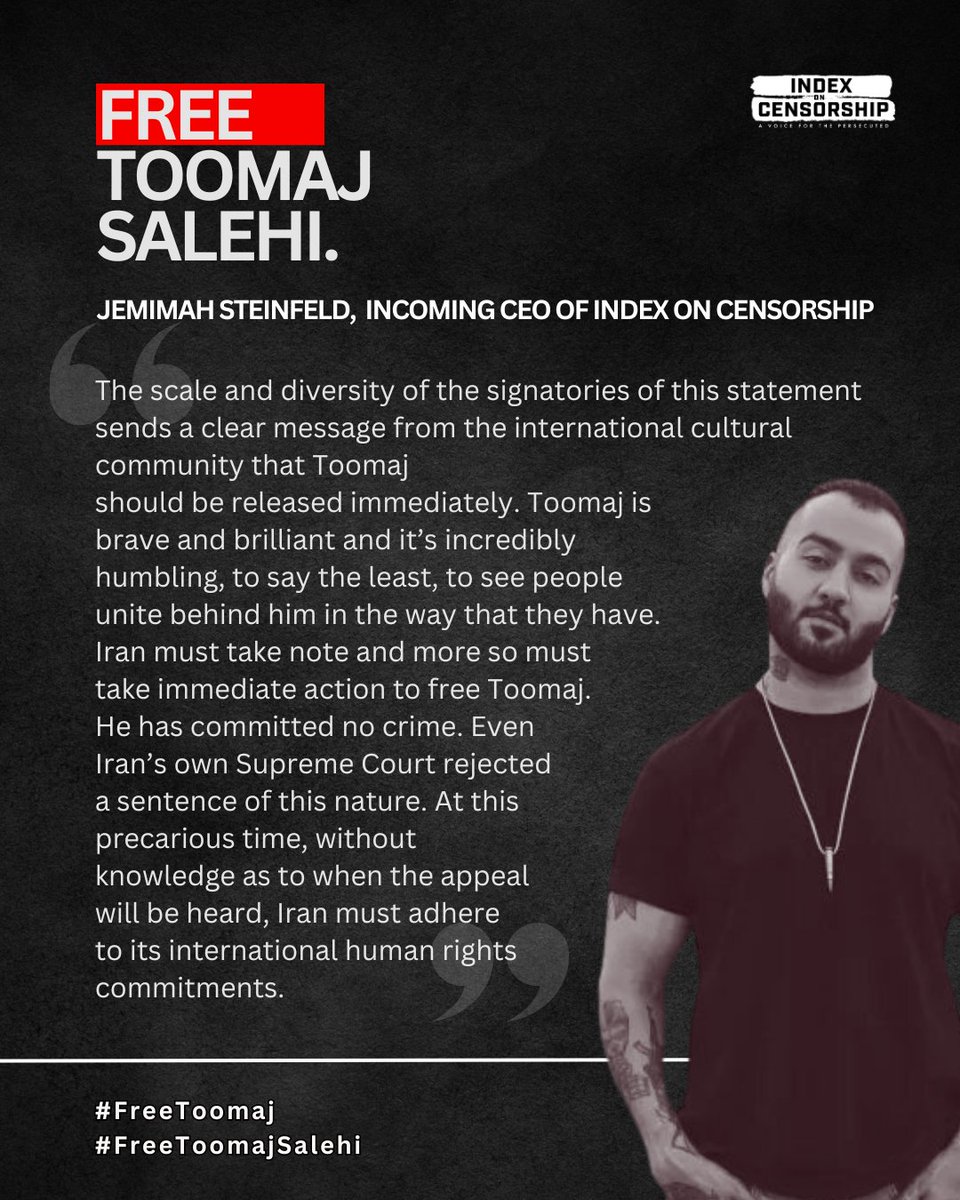 #FreeToomaj: Incoming @IndexCensorship CEO, @JFSteinfeld shares what it means for over 100 artists, musicians, writers & leading cultural figures to sign our letter calling for #Iran to free @OfficialToomaj. Read the statement in full here: indexoncensorship.org/freetoomaj