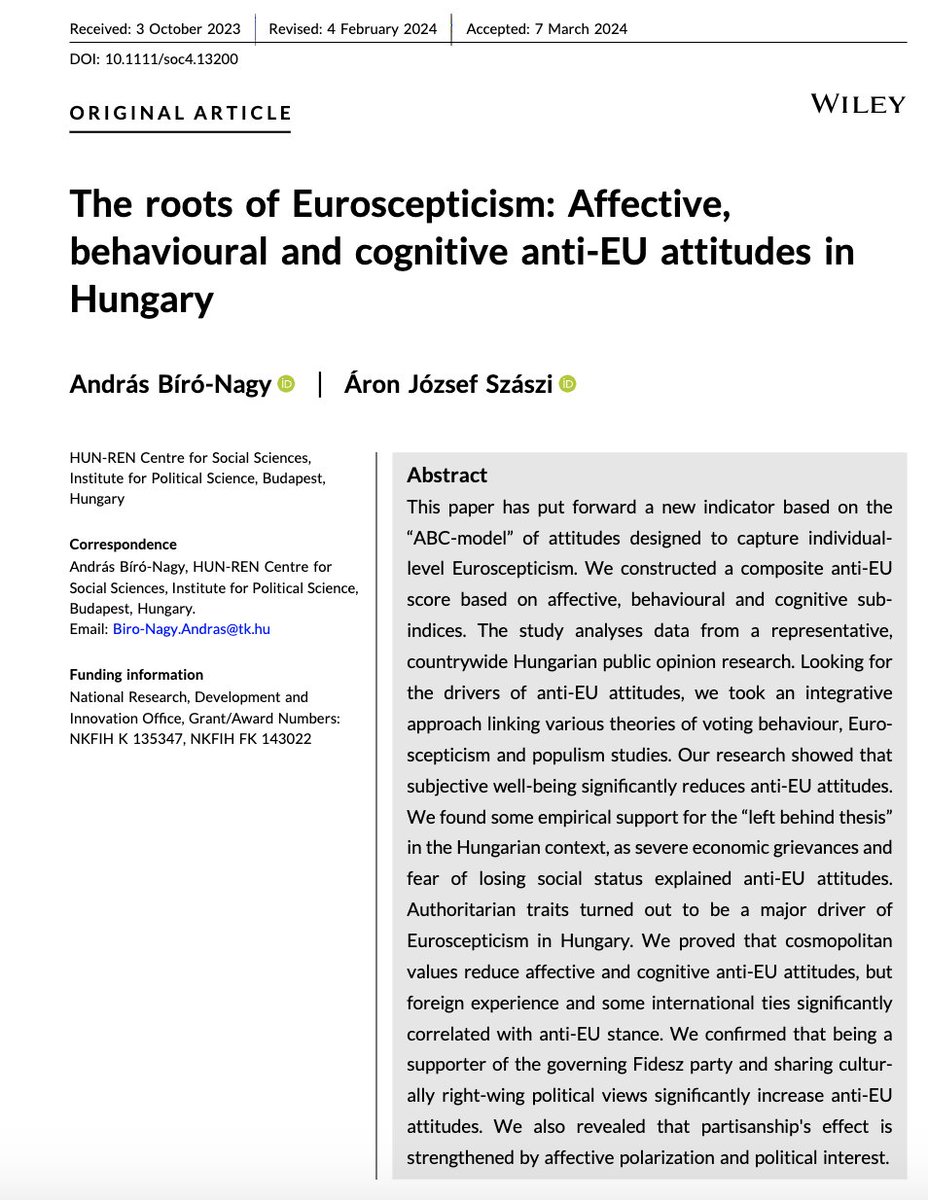 🇪🇺 🇭🇺 New publication alert for #EuropeDay2024! I am proud to present our new article in Sociology Compass with @SzasziAron on the roots of #Euroscepticism in #Hungary, which is the result of the most comprehensive EU attitudes survey in Hungary to date: compass.onlinelibrary.wiley.com/doi/10.1111/so…