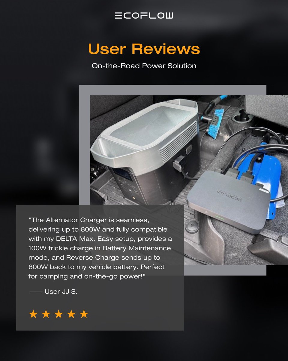 EcoFlowTech's tweet image. Hear from our community! JJ loves his #EcoFlowAlternatorCharger &amp;amp; #EcoFlowDELTAMax setup for smooth trips. Ready to upgrade your on-the-road power? 

🛒: bit.ly/3vOz0fN
🎟: Additional 6% - 24EFRVSMX
#FeelsLikeHome #EcoFlowOntheRoad