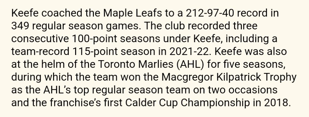 Sheldon Keefe had tons of success during his nine years with the #leafs organization -- as this paragraph from the press release from his firing details. But with one series victory in five years at the NHL level, GM Brad Treliving says 'we determined a new voice is needed.'