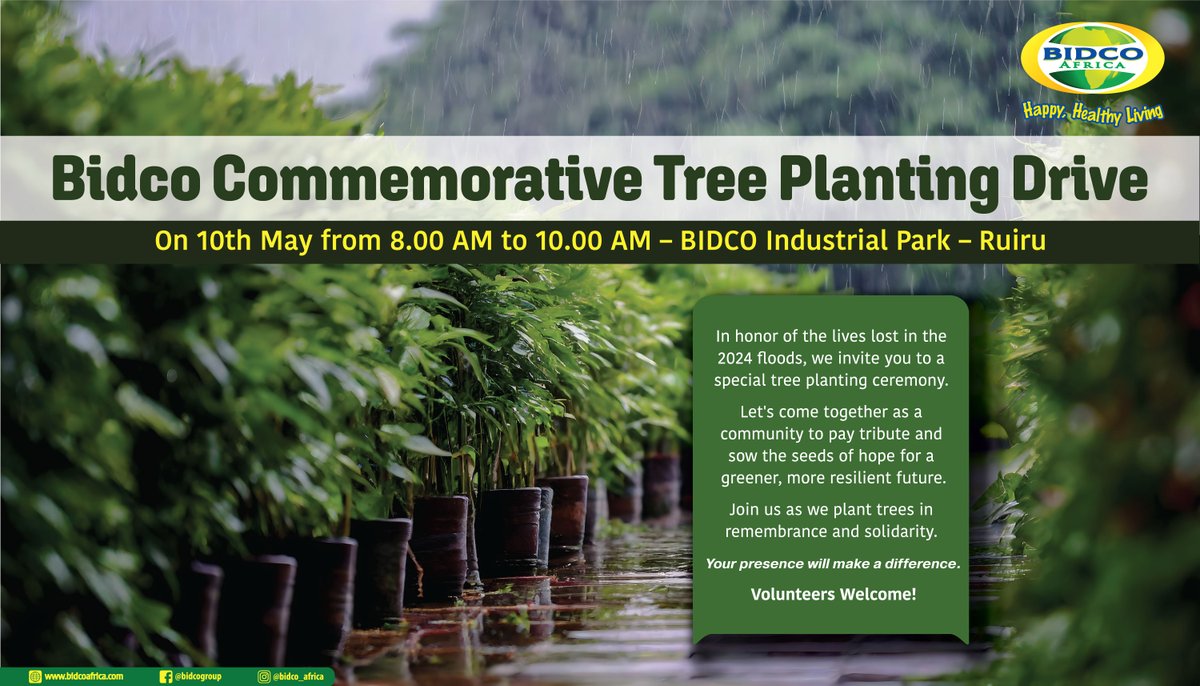 Tomorrow, we host a special tree planting event at Bidco Industrial Plant on May 10th, 2024, as we honor the lives lost in the 2024 floods. Let's come together to plant trees in remembrance and sow the seeds of hope for a greener future. 🌱🌳 
 
#TreePlanting #CommunityEvent