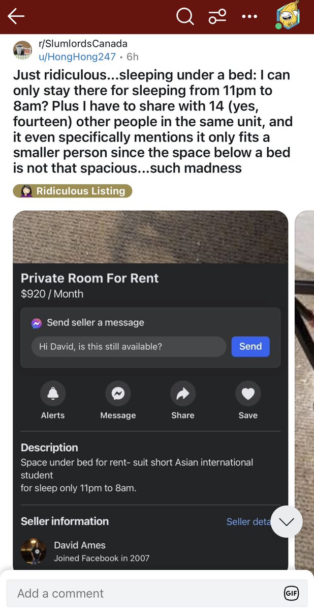 The state of housing crisis in Canada: Space available for rent to sleep under a bed, from 11 PM to 8 AM only. Unit shared with 14 other people. Renter must have small physical stature as the space is too tight. reddit.com/r/SlumlordsCan…