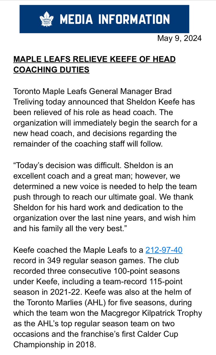 BREAKING: The Toronto Maple Leafs have fired head coach Sheldon Keefe.