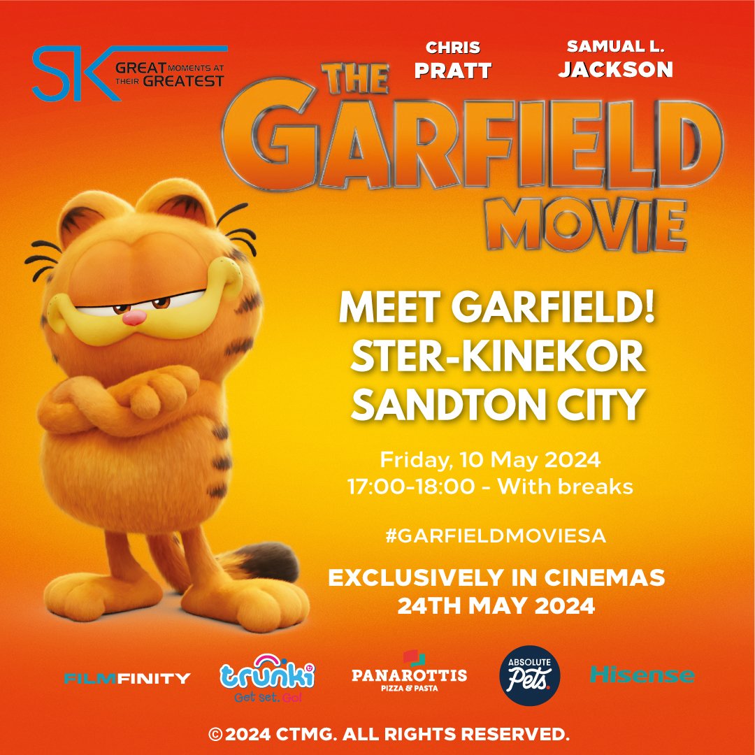 Garfield is about to go on a wild outdoor adventure🐾 This Friday, 10 May 2024, meet Garfield, everybody's favourite lasagna-loving cat, at our @sterkinekor cinema from 17:00pm to 18:00pm 😄 See you there! #IconicSandton #SterKinekor #GarfieldMovieSA