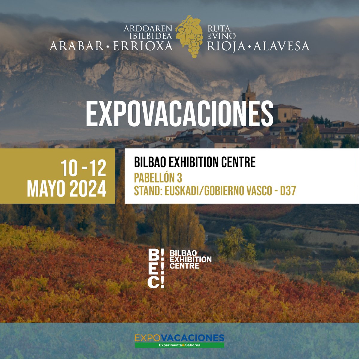 💥 Este fin de semana estaremos en @Expovacaciones promocionando la oferta turística de Ruta del Vino de Rioja Alavesa. 🗓 Del 10 al 12 de mayo 📍 Pabellón 3 - stand D37, @BEC_Bilbao Consigue tu entrada 👉🏼 zurl.co/pUIp #Expovacaciones #RiojaAlavesa