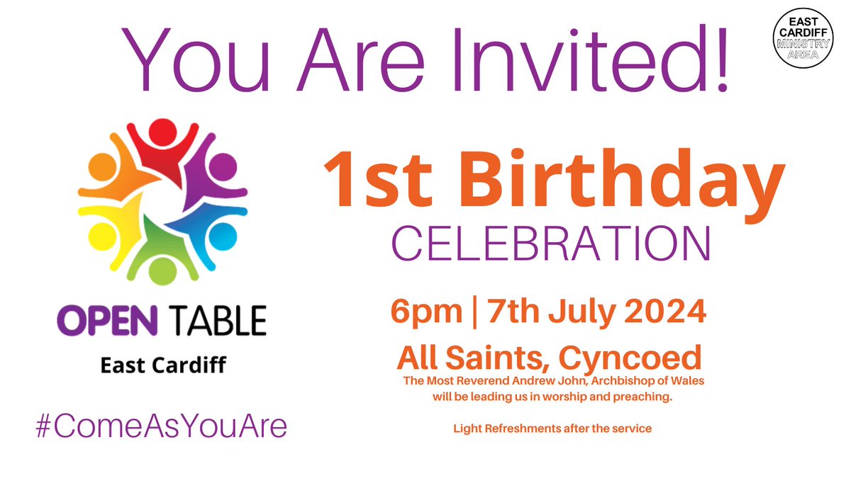 East Cardiff Ministry Area (@eastcardiffma) on Twitter photo Save the Date!!!
We're looking forward to celebrating <a href="/opentablelgbt/">Open Table Network</a> East Cardiff's 1st Birthday with you! We look forward to welcoming <a href="/ArchbishopWales/">Archbishop of Wales</a> and there'll be cake and alcohol free bubbly!!!
<a href="/ChurchinWales/">The Church in Wales | Yr Eglwys yng Nghymru</a> <a href="/TheGatheringCDF/">The Gathering π³οΈβπ</a> <a href="/MarysCardiff/">Mary's</a> <a href="/DraggedToChurch/">Dragged To Church π βͺοΈ</a> <a href="/PrideCymru/">Pride Cymru</a> Save the Date!!!
We're looking forward to celebrating <a href="/opentablelgbt/">Open Table Network</a> East Cardiff's 1st Birthday with you! We look forward to welcoming <a href="/ArchbishopWales/">Archbishop of Wales</a> and there'll be cake and alcohol free bubbly!!!
<a href="/ChurchinWales/">The Church in Wales | Yr Eglwys yng Nghymru</a> <a href="/TheGatheringCDF/">The Gathering π³οΈβπ</a> <a href="/MarysCardiff/">Mary's</a> <a href="/DraggedToChurch/">Dragged To Church π βͺοΈ</a> <a href="/PrideCymru/">Pride Cymru</a>