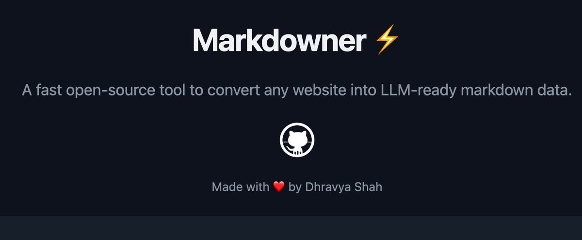 Introducing Markdowner ⚡📝
A fast open-source tool to convert websites into markdown data. 

Supports auto crawler, detailed mode, javascript websites and more!
Easily scalable and self-hostable. 

it's so cheap to run, I'm providing a public API for *free*!  🧵