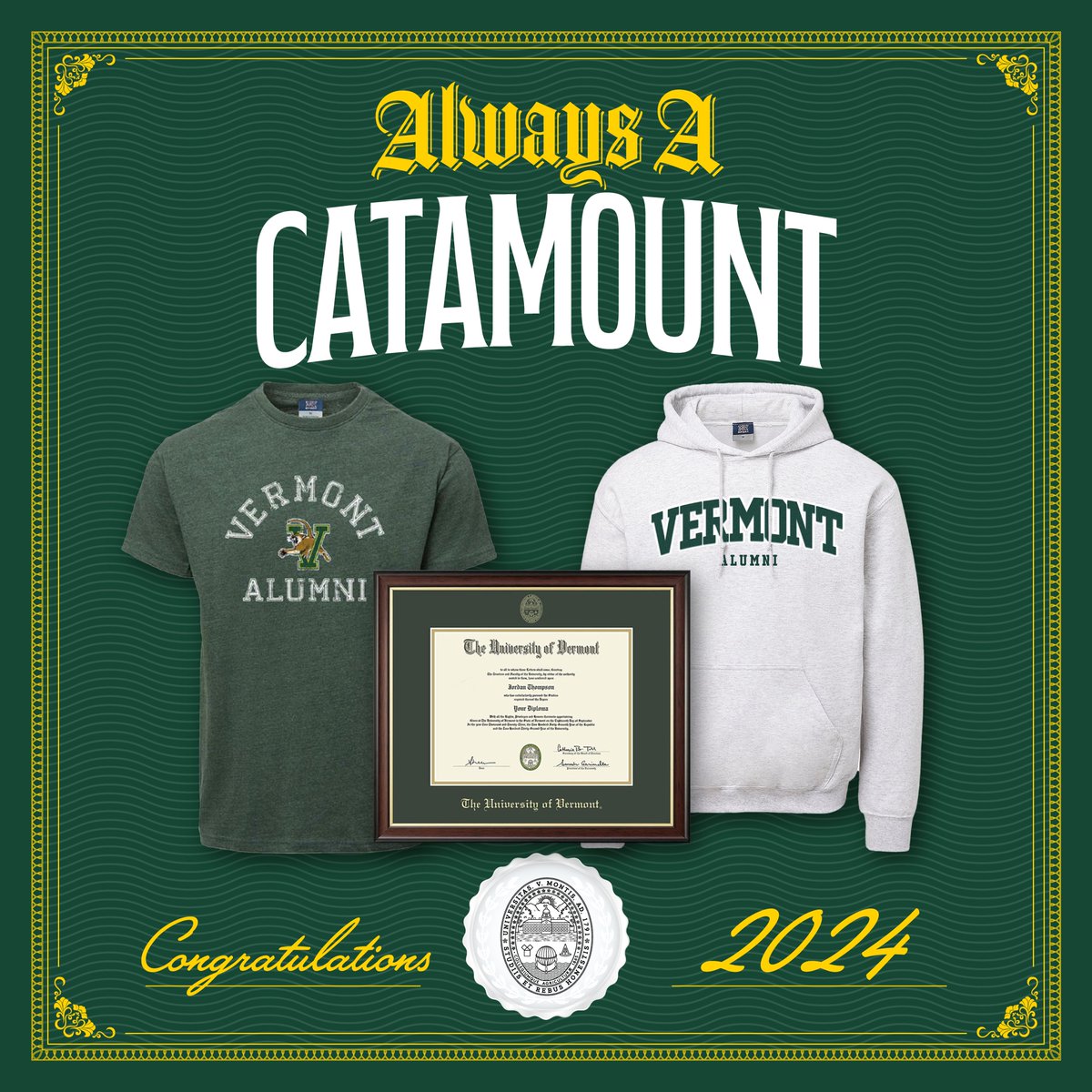 One of the best parts about graduation is getting to upgrade your UVM gear to say ALUMNI! Get yours now in the link below! 🔗 uvmbookstore.uvm.edu 🎓 #LetsRally