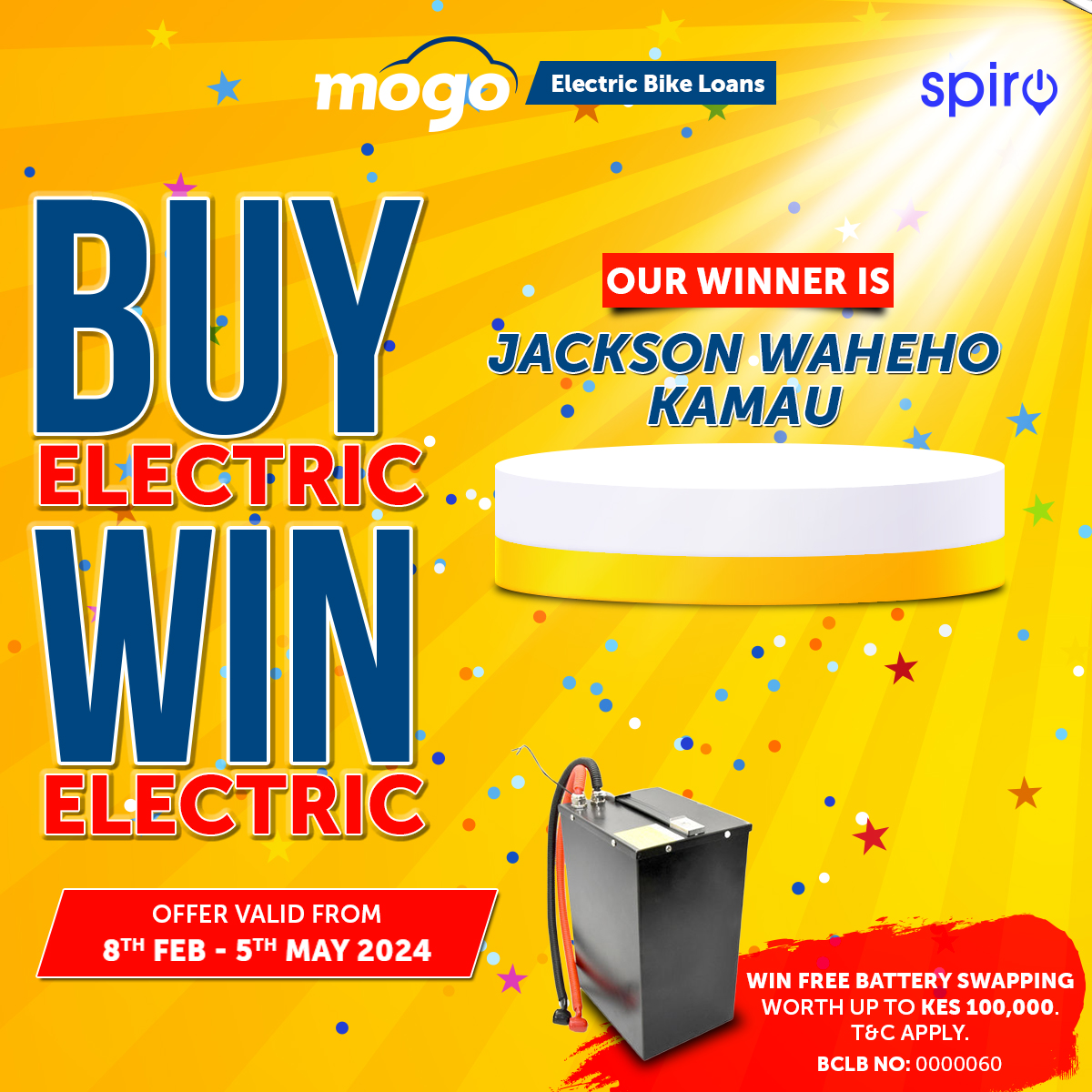 🎉CONGRATULATIONS, JACKSON WAHEHO KAMAU! 🎊You are our winner for free battery swapping worth up to KES 100,000! You never have to worry about battery swapping costs for a year, thanks to MOGO! Visit apply.mogo.co.ke/hzx to apply & stay tuned for more deals! #MogoKe #ApplyNow