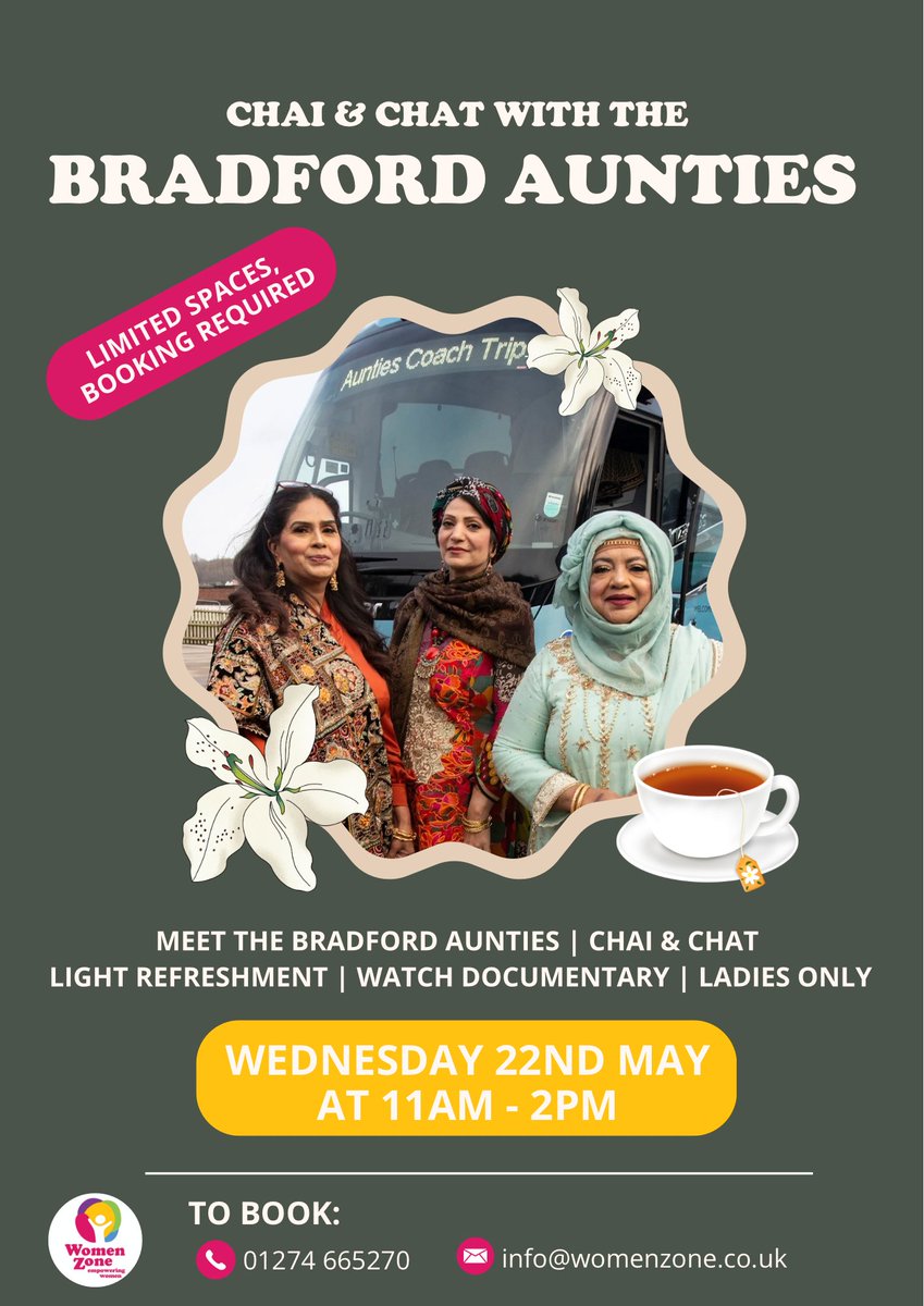 Don’t miss out the opportunity to meet the Bradford Aunties and watch the complete documentary on Wednesday 22nd May at WomenZone. Spaces are limited, so ensure your spot by contacting 01274 665270 to book today! #bradfordaunties #BBCiPlayer