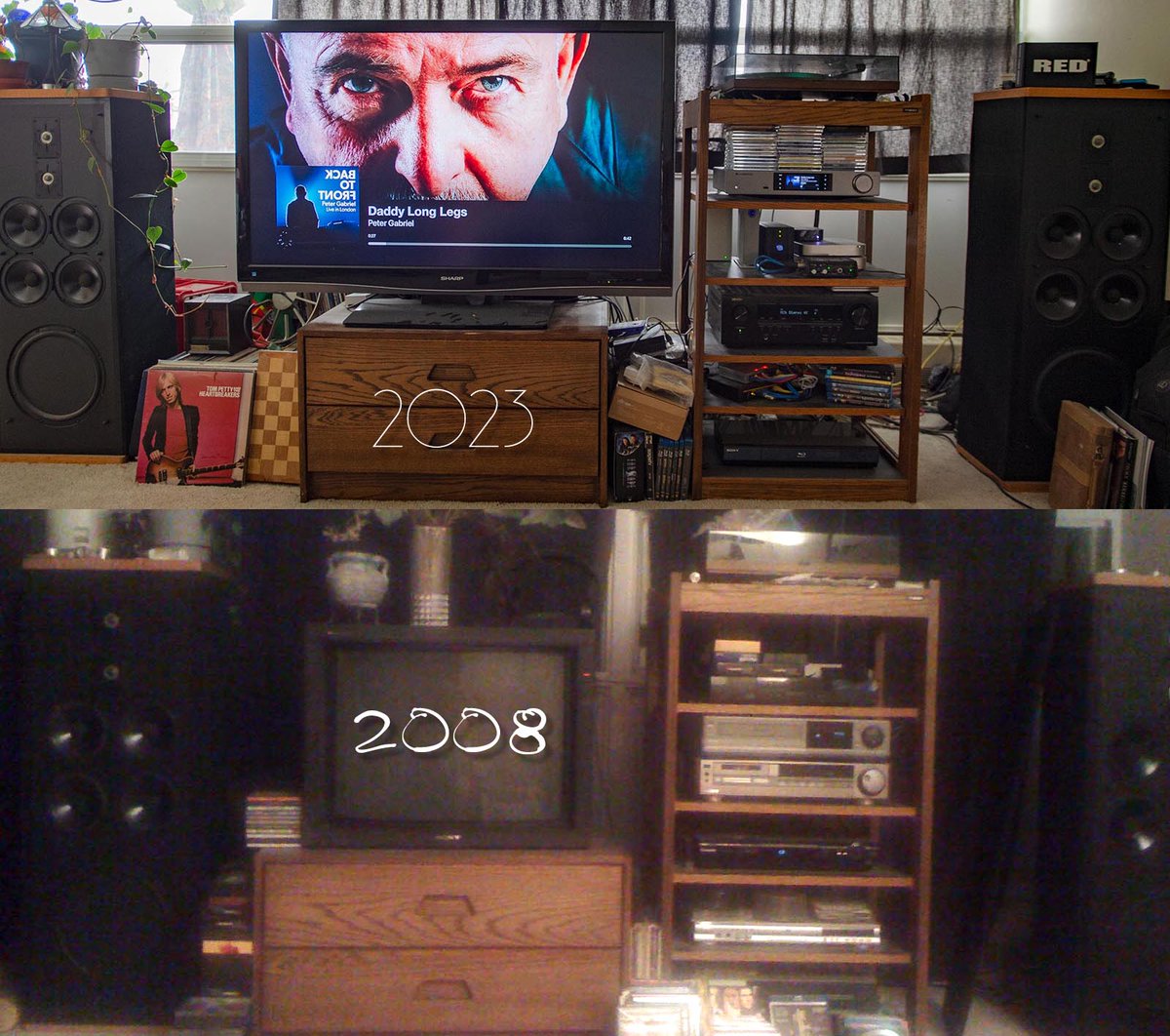 #retrohifi 2008: I played CD's, had VHS and Hi-8 vcr's.  In 2023, it's a media server feeding Hi Res digital audio to DAC and 4K or HD TV. The Rega Planar 2 is still there, as well as my Polk SDA 1C's and CD storage too! #music #vinylrecords #vinylcollection #dsd64