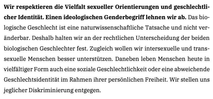 Wenn ich in der #CDU wäre, dann wäre ich wohl ausgetreten mit diesem Grundsatzprogramm in dem steht: Trans Frauen sind keine Frauen, trans Männer sind keine Männer, Nichtbinäre sind nicht nichtbinär. Aber wir diskriminieren diese „Menschen“ nicht, aus Gründen.